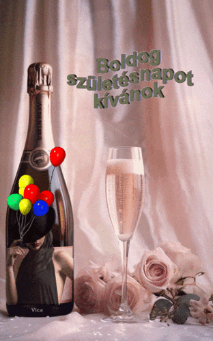 a bottle of champagne with a picture of a woman and balloons and the words boldog születésnapot kivanok