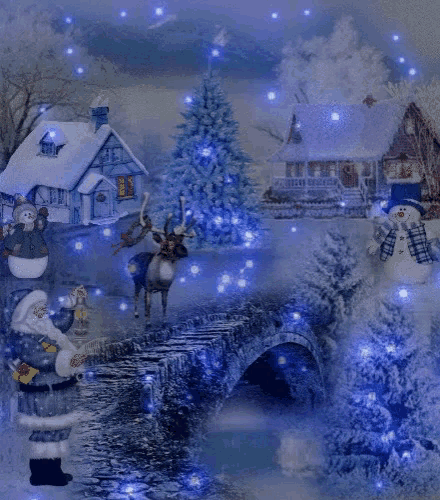 a christmas scene with santa claus and two snowmen