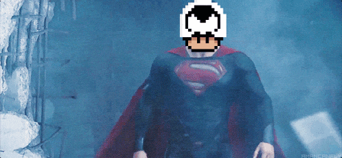 a pixelated image of superman with a mushroom on his head