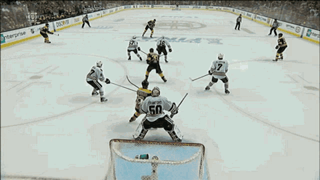 a hockey game is being played on a rink with a sdls advertisement on the boards
