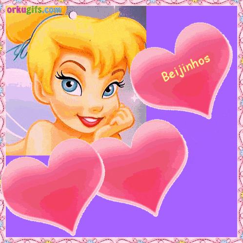 a picture of tinkerbell surrounded by pink hearts with the words beijinhos written on one of them