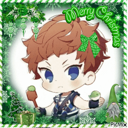 a picture of a boy with a green bow on his head and the words merry christmas on the bottom
