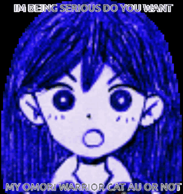 a pixel art of a girl with blue hair and the words i 'm being serious do you want