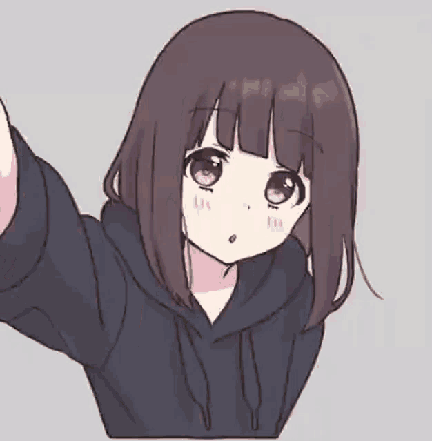 a close up of a drawing of a girl with long hair wearing a black hoodie .