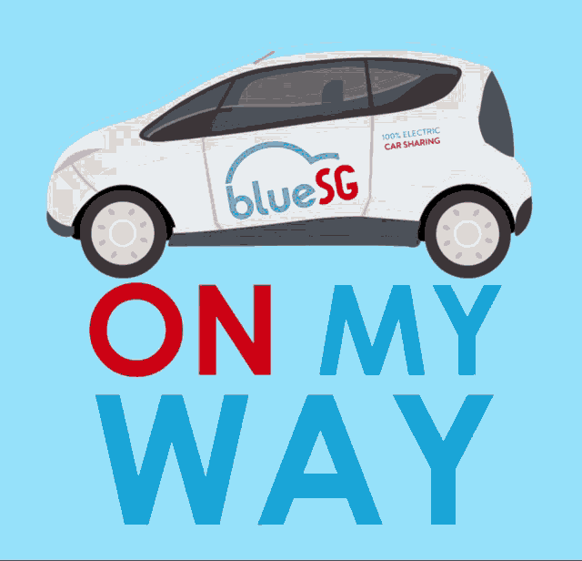 a blue sg car is on a blue background with the words on my way below it