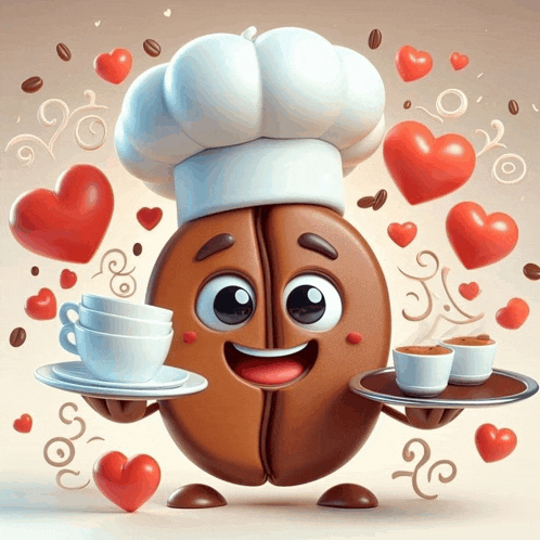 a cartoon illustration of a coffee bean wearing a chef 's hat holding two cups of coffee