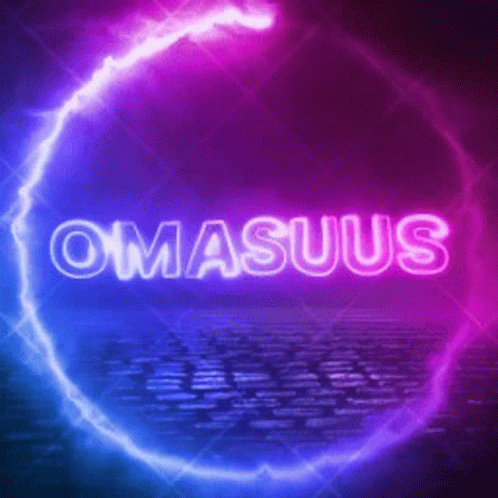 a neon sign that says omasuus is surrounded by lightning