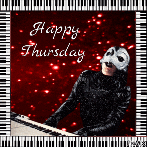 a happy thursday greeting card with a piano keyboard