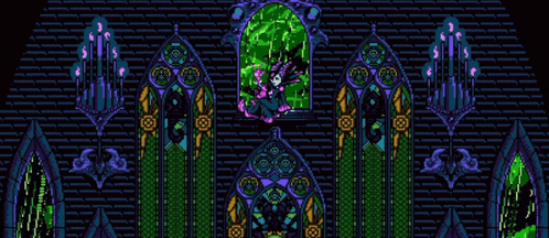a pixel art illustration of a stained glass window with a witch in it .