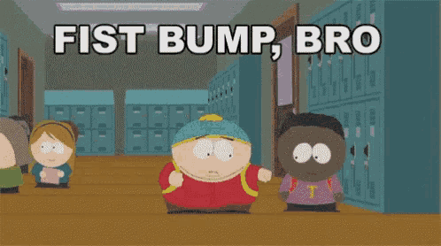 a cartoon character says fist bump bro while standing in a hallway