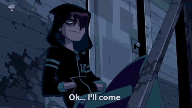 a cartoon character says " ok ... i 'll come " in front of a door