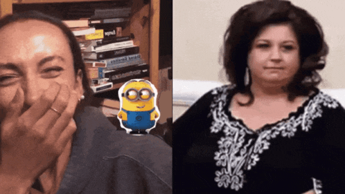a woman laughs next to a picture of a minion and a bookshelf full of books