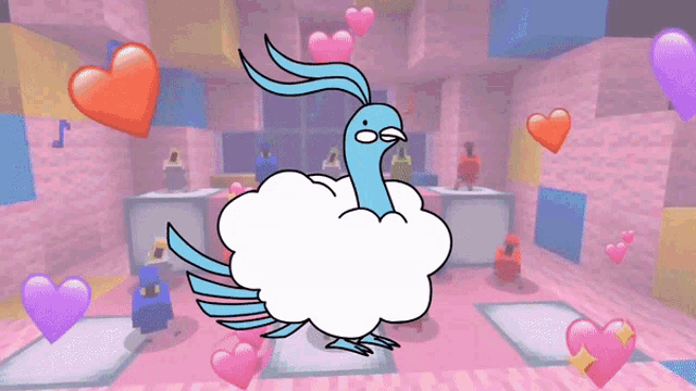 a blue bird is sitting on a cloud in a room with hearts around it