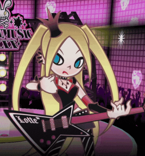 a cartoon of a girl holding a guitar with the word lotte on it