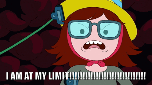a cartoon character with glasses and a yellow hat says " i am at my limit "
