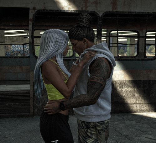 a man with a tattoo on his arm is kissing a woman with white hair