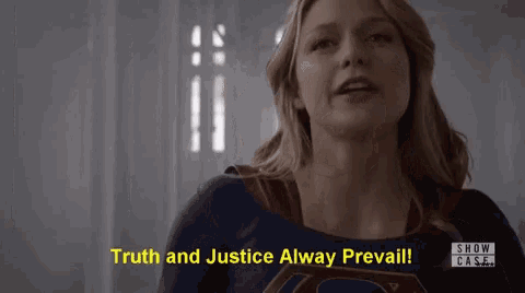 a woman in a superhero costume says truth and justice alway prevail