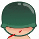 a cartoon soldier wearing a green helmet and a red scarf around his neck .