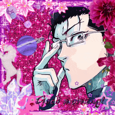 a picture of a man with glasses and the word good morning