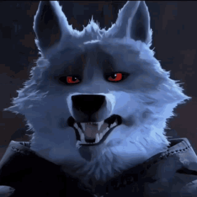 a cartoon wolf with red eyes and sharp teeth