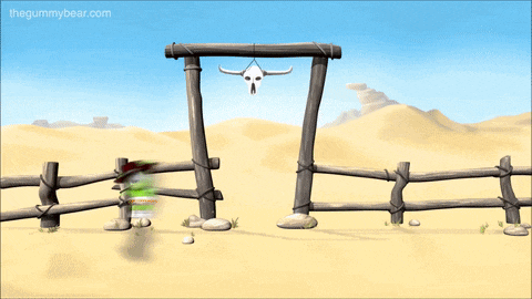 a cartoon drawing of a fence with a skull hanging from it and the website thegummybear.com