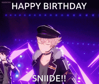 a man in a black hat is dancing on a stage with the words happy birthday sniide written above him