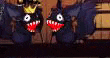 a couple of cartoon characters with big mouths are standing next to each other on a stage .