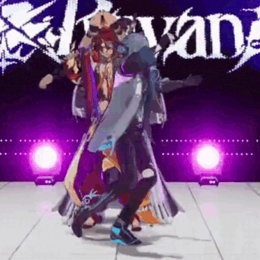 a group of people are dancing on a stage in front of a sign that says swan .