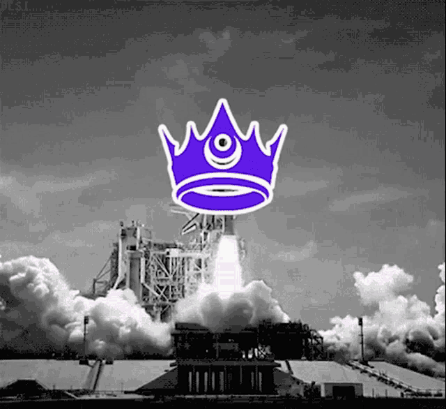 a purple crown is flying over a rocket launching into space