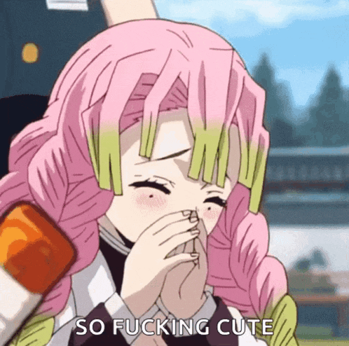 a girl with pink hair is covering her mouth with her hand and the words so fucking cute are written below her