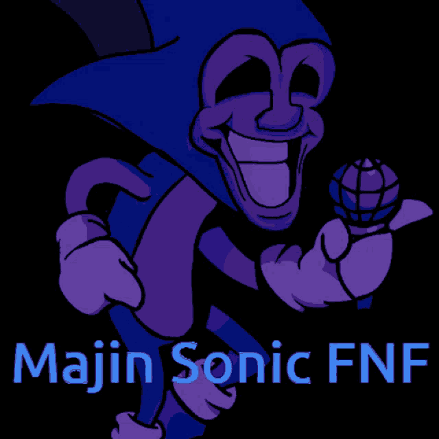 a cartoon of sonic the hedgehog holding a microphone with the words majin sonic fnf written below him