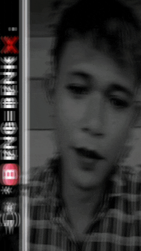 a black and white photo of a young man with the word benk on the bottom