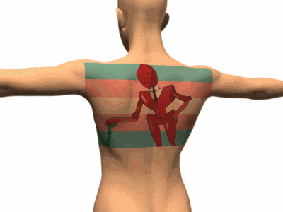 a man 's back has a drawing of a man in a suit and tie on it
