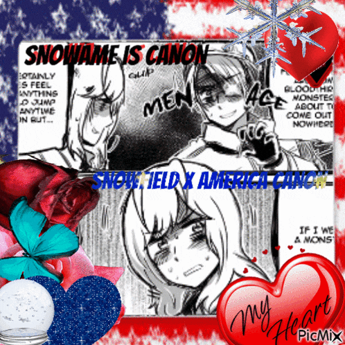 a picture of a man and a woman with the words snowname is canon on it