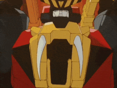 a cartoon robot with a red and yellow body is fighting another robot with sharp claws .
