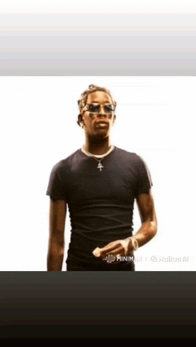 a young man wearing sunglasses and a black shirt is standing in front of a white background