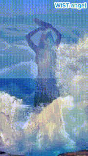 a painting of a woman standing in the ocean with the words wist angel on the bottom