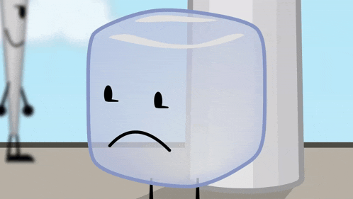 a cartoon ice cube with a sad face standing next to a pole