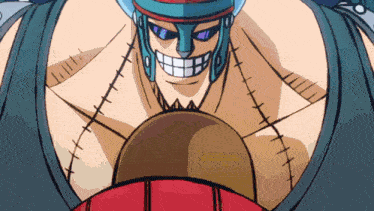 franky from one piece is wearing a blue helmet and sunglasses