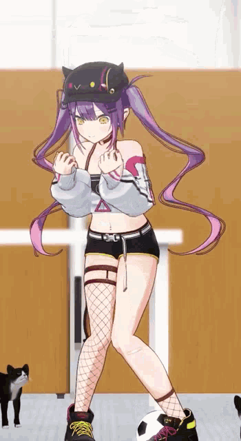 a girl with purple hair and a black hat is standing in front of a cat