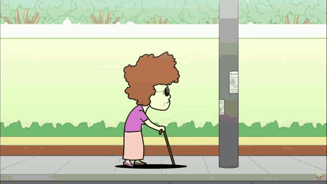a cartoon of an elderly woman with a cane standing next to a pole