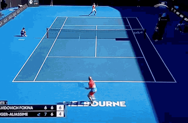 a tennis match is being played on a court that says melbourne on it