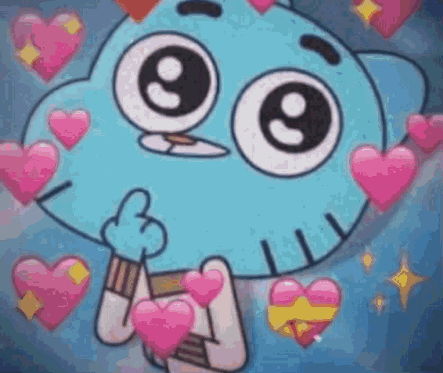 gumball from the amazing world of gumball is surrounded by pink hearts
