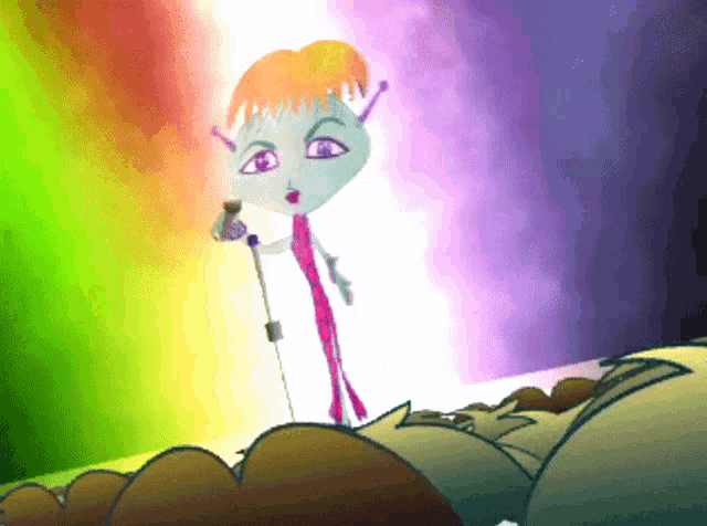 a cartoon character singing into a microphone in front of a colorful background