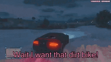 a car is driving down a snowy road with the words wait i want that dirt bike