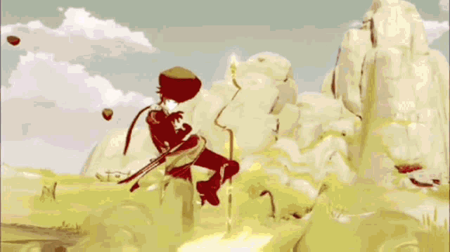 a man is flying through the air with a sword in his hand and a sword in his hand in a video game .