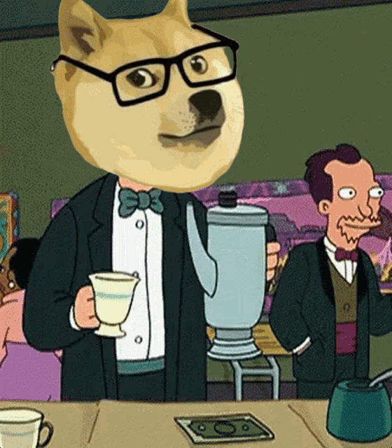 a doge wearing glasses and a bow tie is holding a cup of coffee