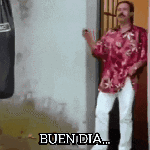 a man in a red shirt is standing in front of a door with the word buen dia written on the bottom
