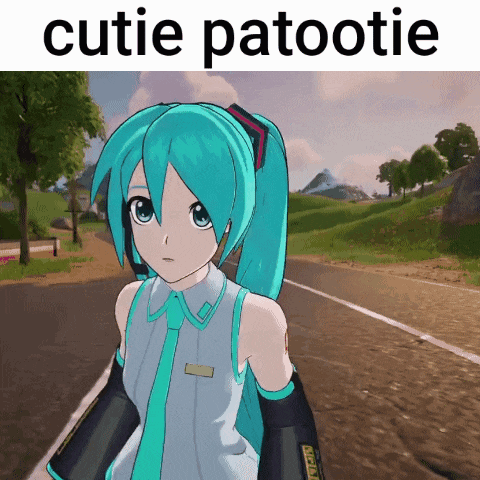 a picture of hatsune miku with the words cutie patootie below her
