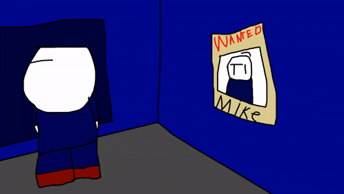 a cartoon character is looking at a wanted poster of mike